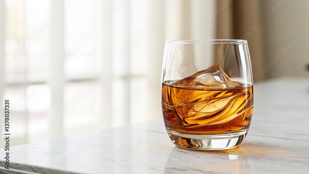 Whiskey Glass with Ice on Marble Countertop Whiskey Glass with Ice on Marble Countertop