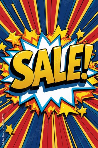 Wallpaper Mural AI Generative. Promotion poster of "Sale" design with 3d text effect style on  white explosion shape with blue edges and brust stripes. 4 Torontodigital.ca