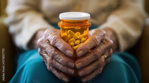 Elderly patient with Parkinson's disease holding prescription medicine bottle, shaking hands grasping medication for neurological disorder treatment, healthcare and aging concept.
