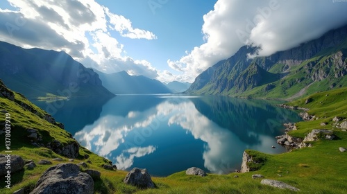 Lake Oldevatnet in Norway under bright midday sunlight, shot from a sweeping panoramic perspective. photo