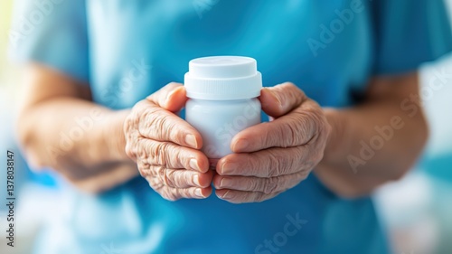 Elderly patient with Parkinson's disease holding prescription medicine bottle, shaking hands grasping medication for neurological disorder treatment, healthcare and aging concept.
