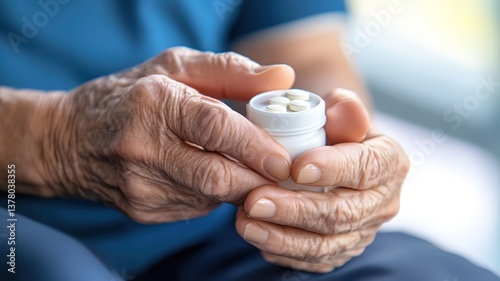Elderly patient with Parkinson's disease holding prescription medicine bottle, shaking hands grasping medication for neurological disorder treatment, healthcare and aging concept.
