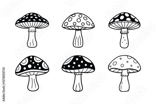 Set of Cute Black and White Cartoon Mushrooms