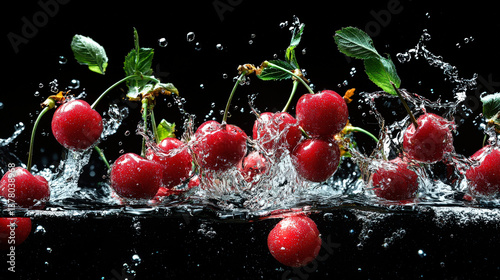 Cherries with green leaves dramatically falling into clear water, creating beautiful splashes and bubbles against a contrasting black background. Macro 
