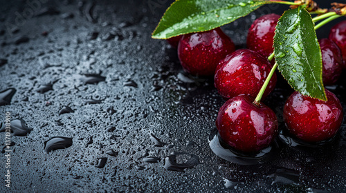 Ripe cherries with green leaves lying on a dark wet surface. The fruits are covered with water drops, enhancing the sense of freshness and natural beauty. High-resolution macro photography