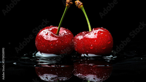 Two juicy red cherries with water droplets on the surface, placed against a black background with a mirrored reflection in water. A macro shot 