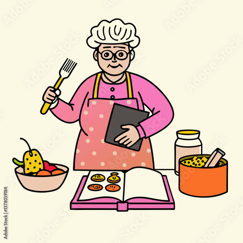 Elderly woman cooking with recipe book in the kitchen.