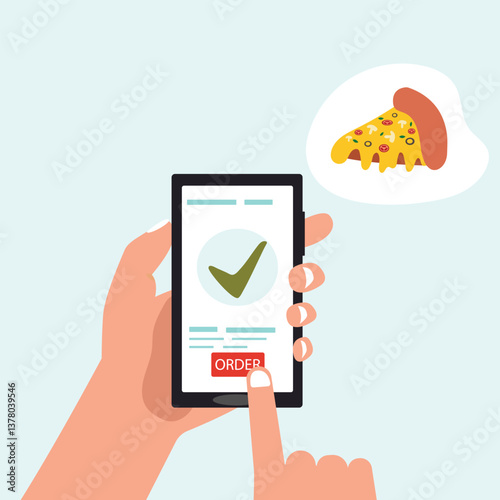 Customer's hand holding smartphone and ordering pizza online from restaurant. people buying pizza online. online pizza delivery. vector illustration.