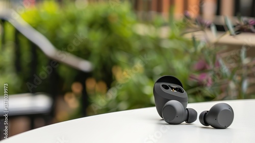 Wireless earbuds placed on clean white surface with minimalist design, modern technology and premium audio accessories for music lovers. Contemporary style and sleek product concept.
