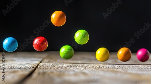 Colorful bouncing balls in mid-air demonstrating gravity and motion dynamics, physics concept of elasticity and kinetic energy in action.
