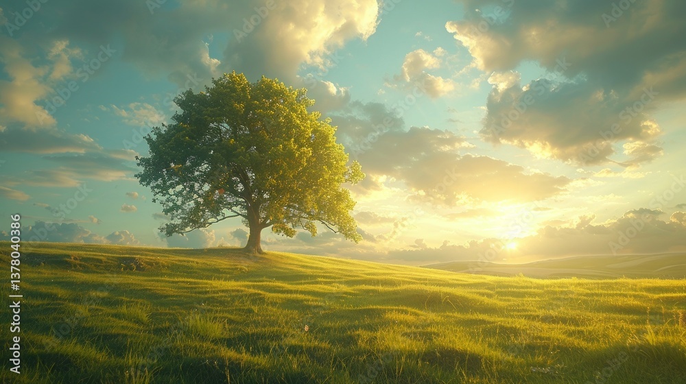 solitary, vibrant green tree standing in the midst of a lush, rolling meadow under a dynamic sky, the hues of sunrise spreading across the horizon solitary, vibrant green tree standing in the midst of a lush, rolling meadow under a dynamic sky, the hues of sunrise spreading across the horizon