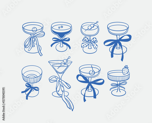 Hand-drawn cocktails Illustration set. Line art, ink, minimalist style. Vector illustration. Party collection.