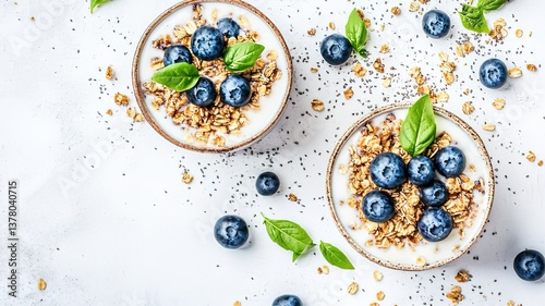 Fresh probiotic yogurt with blueberries and granola in a bowl, healthy breakfast or snack concept, nutritious food with superfood ingredients for gut health and digestion.
