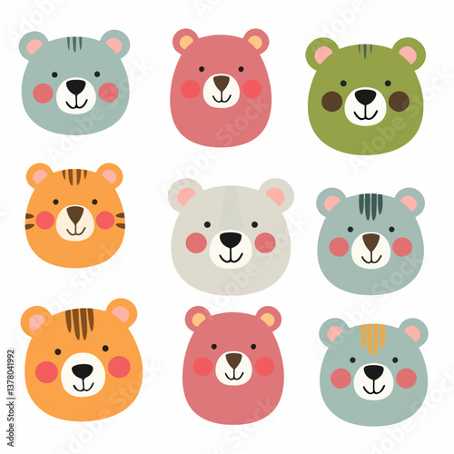 Hand drawn cute bears. Animal cartoon portraits for kids and baby clothes, stationery, posters. Scandinavian style vector illustration