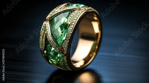A photo of a wide band gemstone ring.