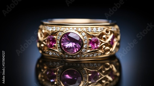 A photo of a wide band gemstone ring.