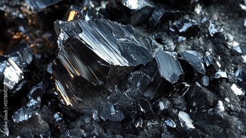 Raw lithium ore crystals on dark granite with metallic reflections, showcasing strategic mineral resources and clean energy materials for industrial use.
