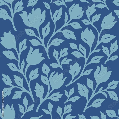 Wallpaper Mural Seamless watercolor floral pattern featuring blue flowers on dark blue background Torontodigital.ca