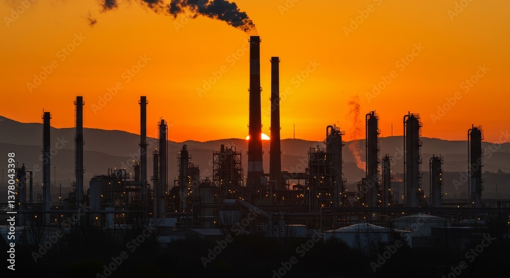 Obraz premium Sunset Silhouette Industrial Landscape - Industrial sunset, smokestacks, mountains, energy production, environmental impact. Symbolizing industry, power, pollution, nature, and progress