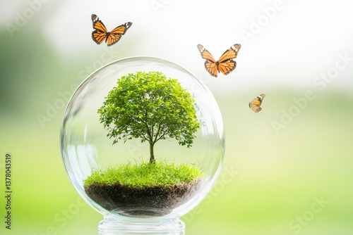Sustainable Action Global Green Environment with Tree and Butterflies in Nature Fostering Awareness of Environmental Sustainability