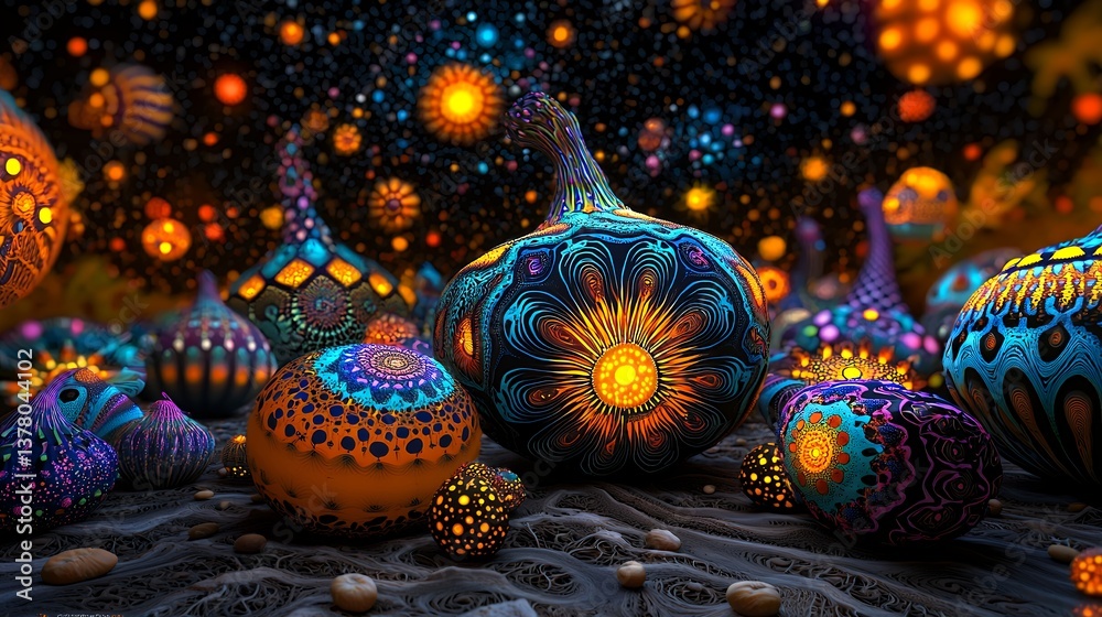 Fototapeta premium Glowing Pixel Gourds in a Cosmic Landscape