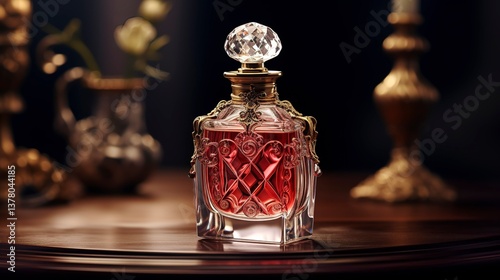 A photo of an elegant perfume bottle on a table. ,