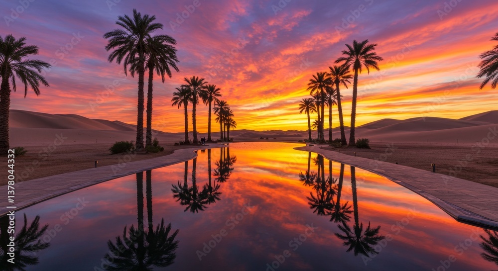 Obraz premium Tranquil Desert Oasis Sunset Reflection - Serene desert landscape, palm trees mirrored in still water, vibrant sunset colors. Symbolizes peace, tranquility, reflection, hope, and renewal