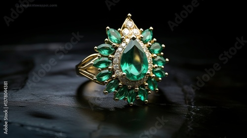 A photo of an emerald cluster ring.
