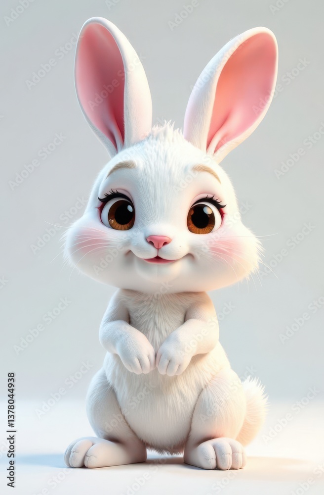 Fototapeta premium A charming small rabbit stands upright showcasing its fluffy white fur and large expressive eyes. The backdrop is soft and light enhancing the rabbit's adorable features.