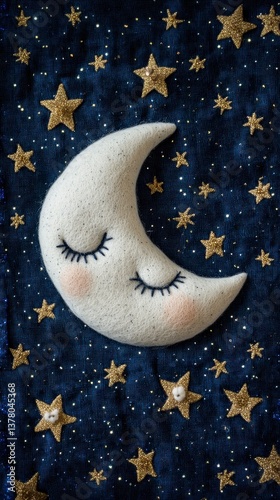 Sleepy Crescent Moon with Glittering Stars on a Night Sky Fabric