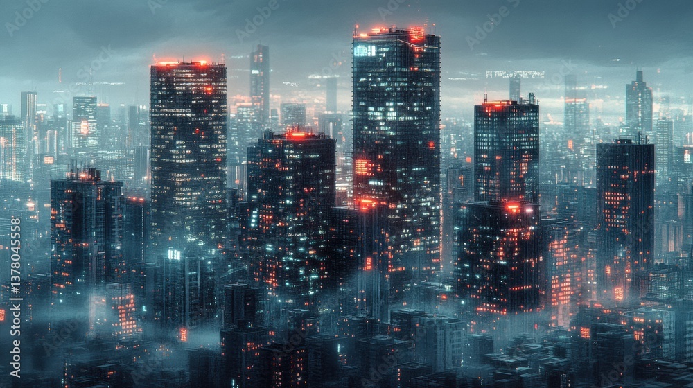 Futuristic City Night View Red And Blue Illuminated Skyscrapers In Fog Futuristic City Night View Red And Blue Illuminated Skyscrapers In Fog