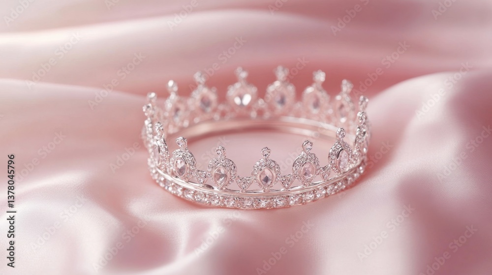 A royal diamond-studded crown with elegant details, resting on a pastel pink fabric. A royal diamond-studded crown with elegant details, resting on a pastel pink fabric.