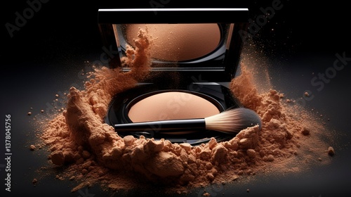 A photo of an open compact with powder and brush. ,