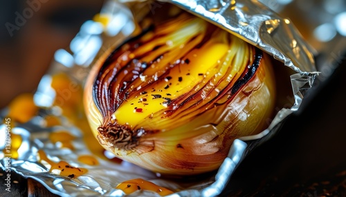 Macro view of a baked onion revealing rich texture and golden hue
