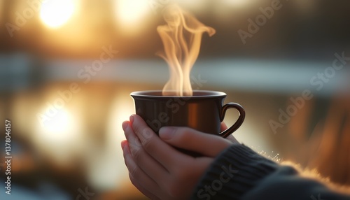 Warm hands holding a steaming cup as sunlight glows in the background during a tranquil moment