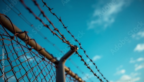 Barbed wire fence under bright blue sky with scattered clouds during daytime near rural area
