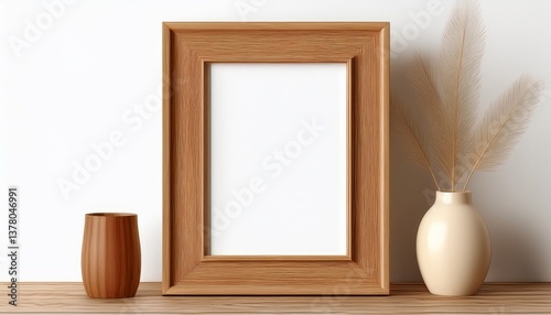 wooden picture frame mockup isolated on white background blank portrait vertical artwork template for photo image picture wall art text quote oak wood frame generative ai
