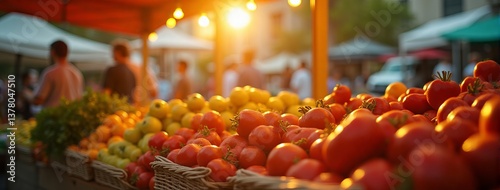 Obraz na płótnie A vibrant outdoor market stall showcasing an array of fresh fruits and vegetables captured beautifully at sunset. w salonie