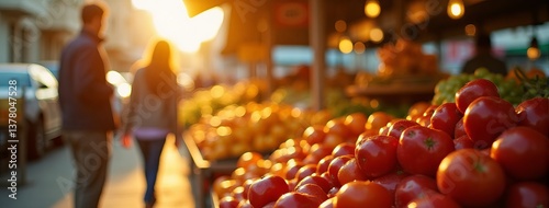Obraz na płótnie A vibrant outdoor market stall showcasing an array of fresh fruits and vegetables captured beautifully at sunset. w salonie