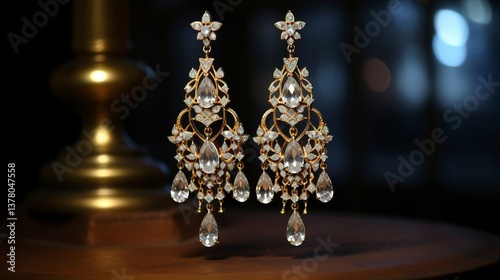 A photo of ornate chandelier earrings. ,