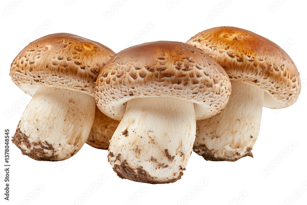 Three fresh brown mushrooms with soil on stems Three fresh brown mushrooms with soil on stems