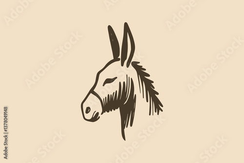 Minimalistic hand-drawn donkey head with bold brown lines on beige