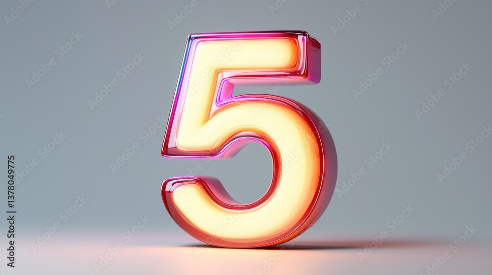 Neon Pink Number 5 Isolated on Light Gray Background Neon Pink Number 5 Isolated on Light Gray Background