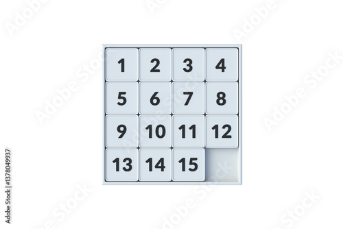 Single sliding fifteen puzzle isolated on white background. Pocket game. Logic toy for intellectual development. Top view. 3d render