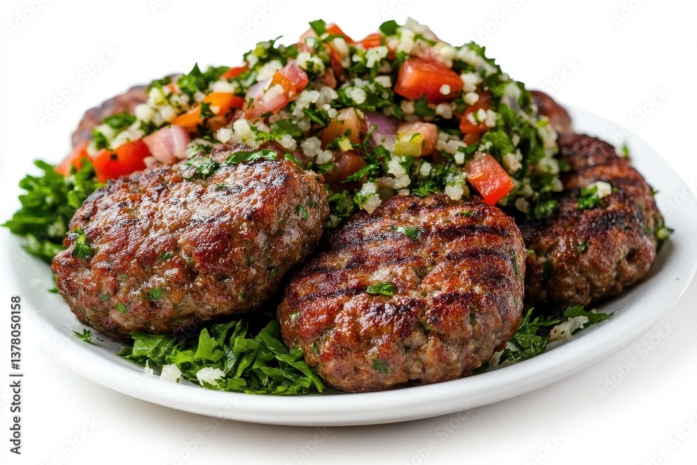 Grilled Beef Patties Served with Fresh Salad and Herbs on a White Plate Grilled Beef Patties Served with Fresh Salad and Herbs on a White Plate