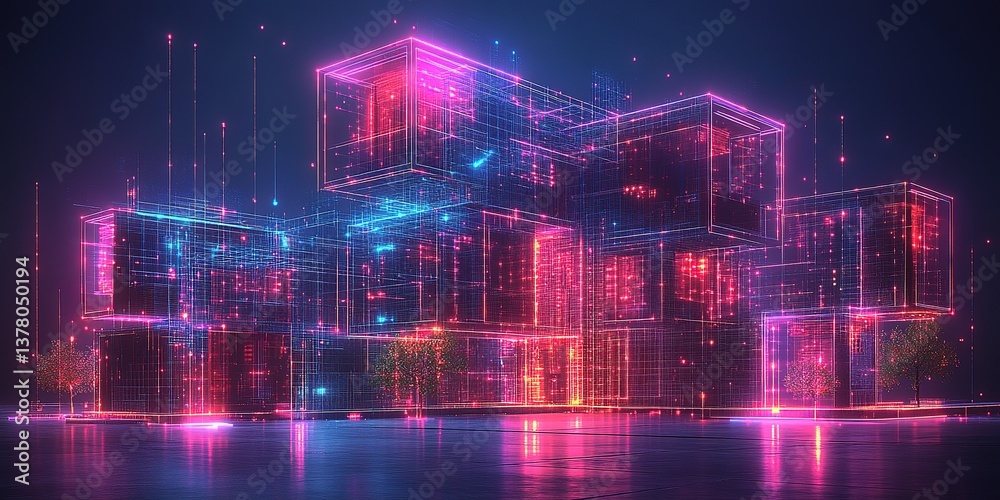Fototapeta premium Digital cityscape with neon lights and futuristic architecture at night showcasing vibrant colors and intricate modern design