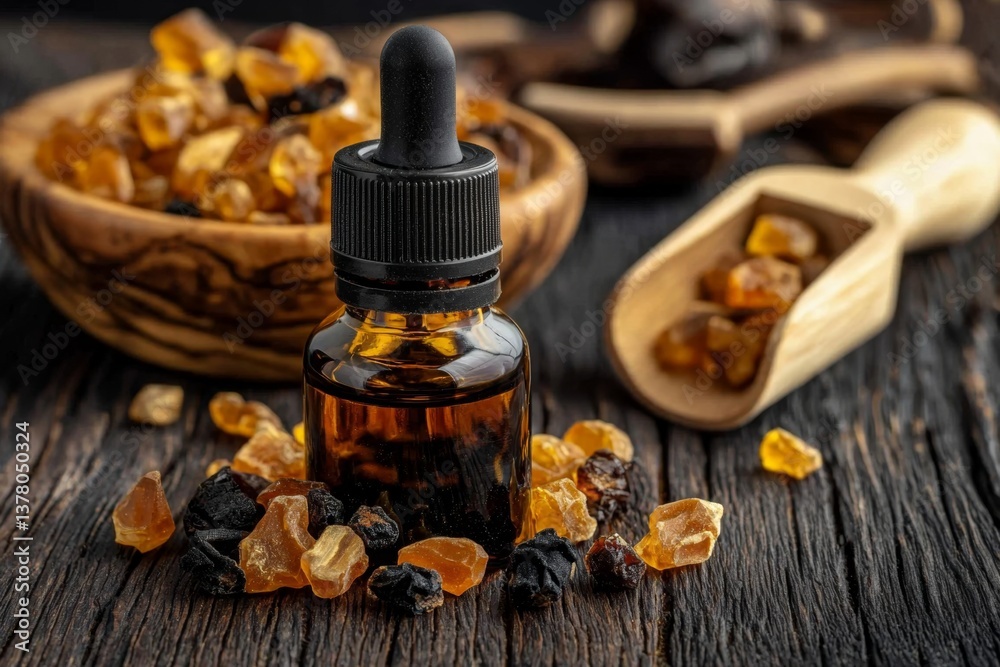 Essential oil bottle of myrrh set against a wooden backdrop. Essential oil bottle of myrrh set against a wooden backdrop.