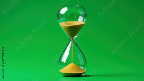 Classic glass hourglass with flowing yellow sand standing upright on green screen isolated with chroma key background.