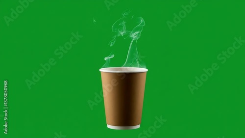 Disposable paper coffee cup with rising steam placed upright on green screen isolated with chroma key background.