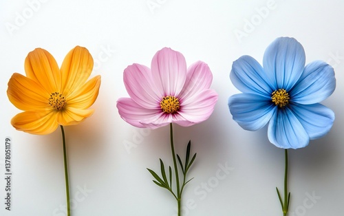 Pastel Cosmos Trio Orange Pink Blue Blooms
